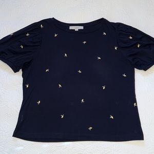 Ann Taylor LOFT navy tee with embroidered lemons NWOT